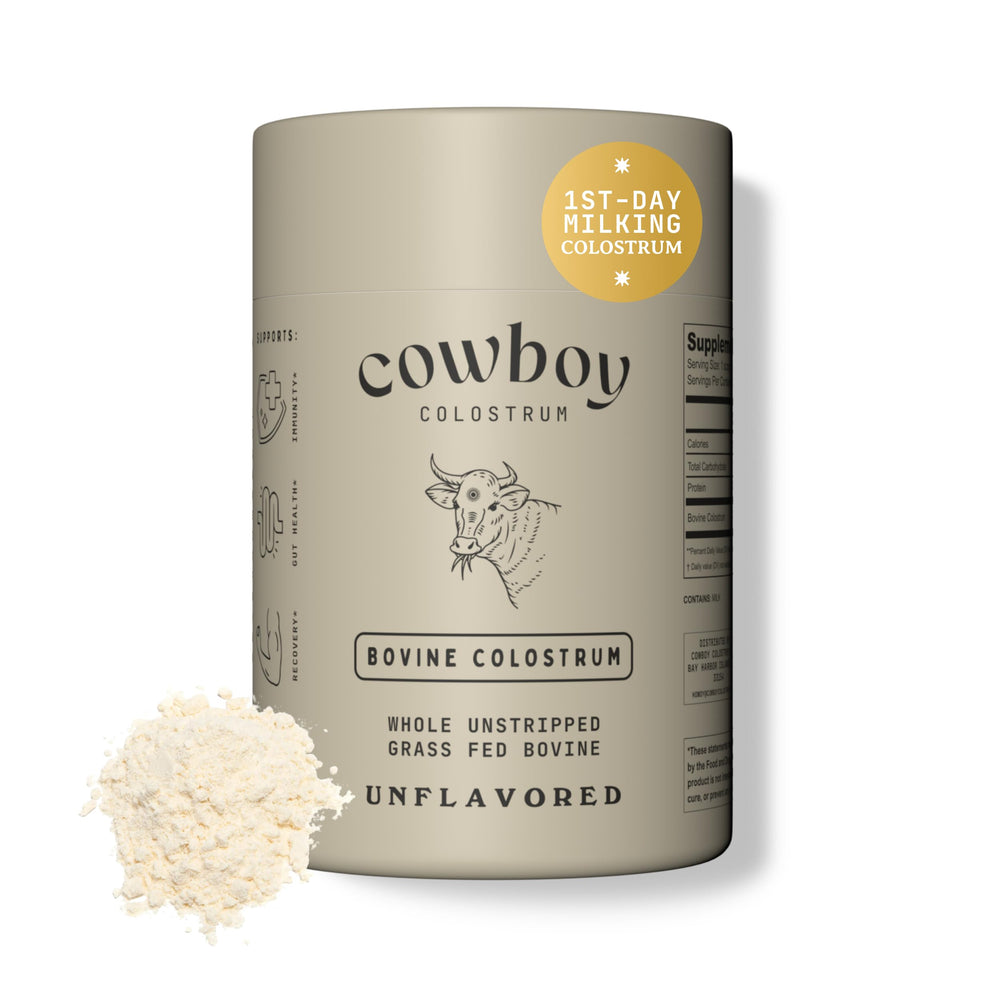 Cowboy Colostrum powder bottle front highlights premium, grass-fed formula that may support daily immune health