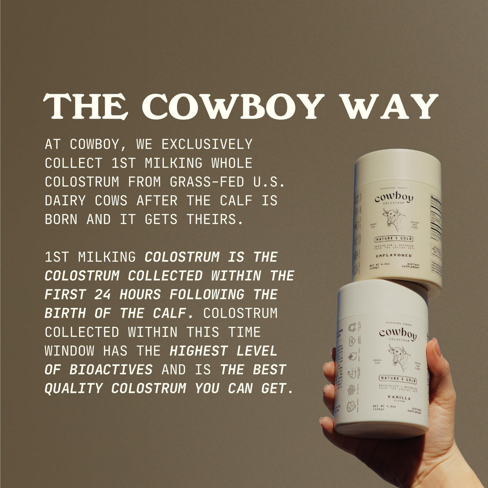 Cowboy Colostrum powder nutrition label focuses on full-fat, unaltered formula and bioactive nutrients