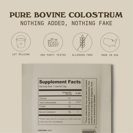Cowboy Colostrum travel pack back view showing single-serve sachets