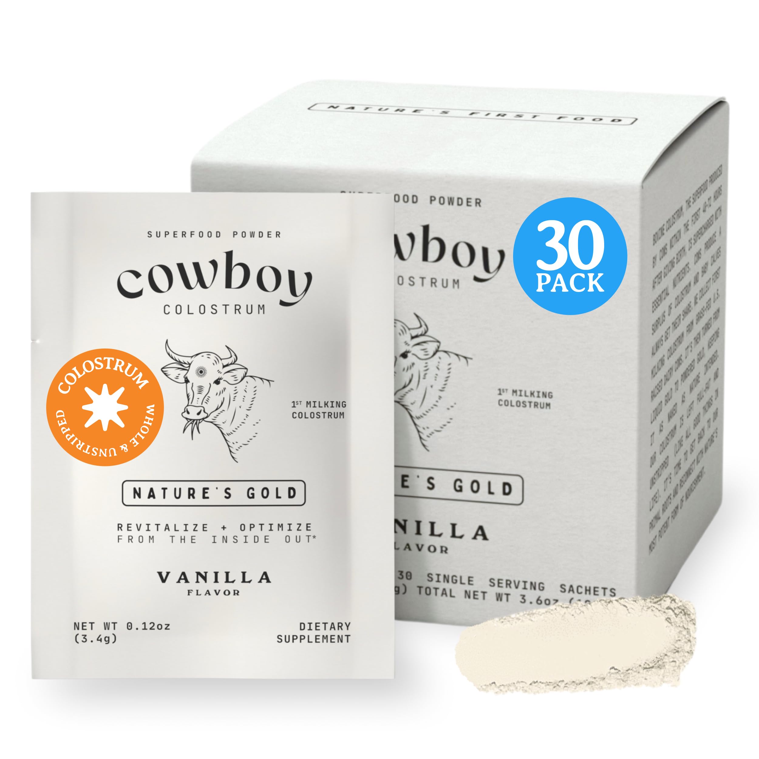 Cowboy Colostrum Travel Pack Vanilla with rich aroma supports daily immune balance.