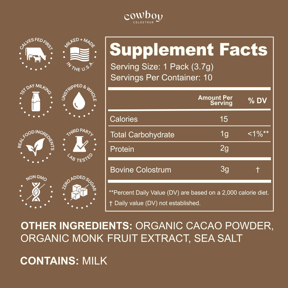 Cowboy Colostrum travel stick chocolate package for on-the-go