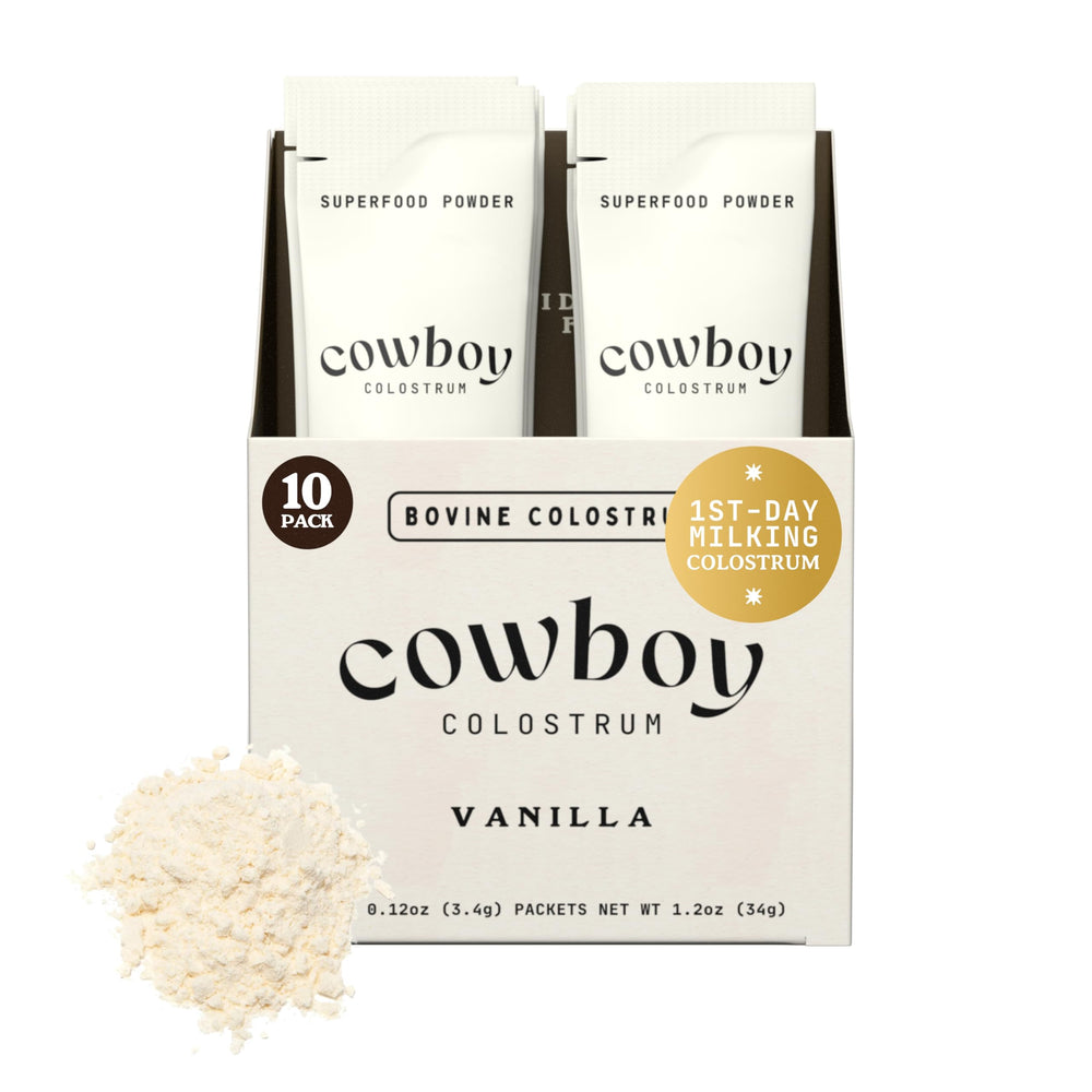 Cowboy Colostrum vanilla travel pack ready to mix into coffee for a creamy boost