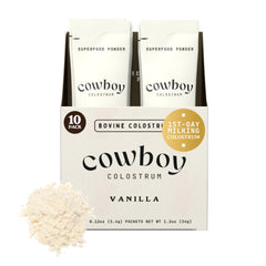 Cowboy Colostrum vanilla travel pack ready to mix into coffee for a creamy boost