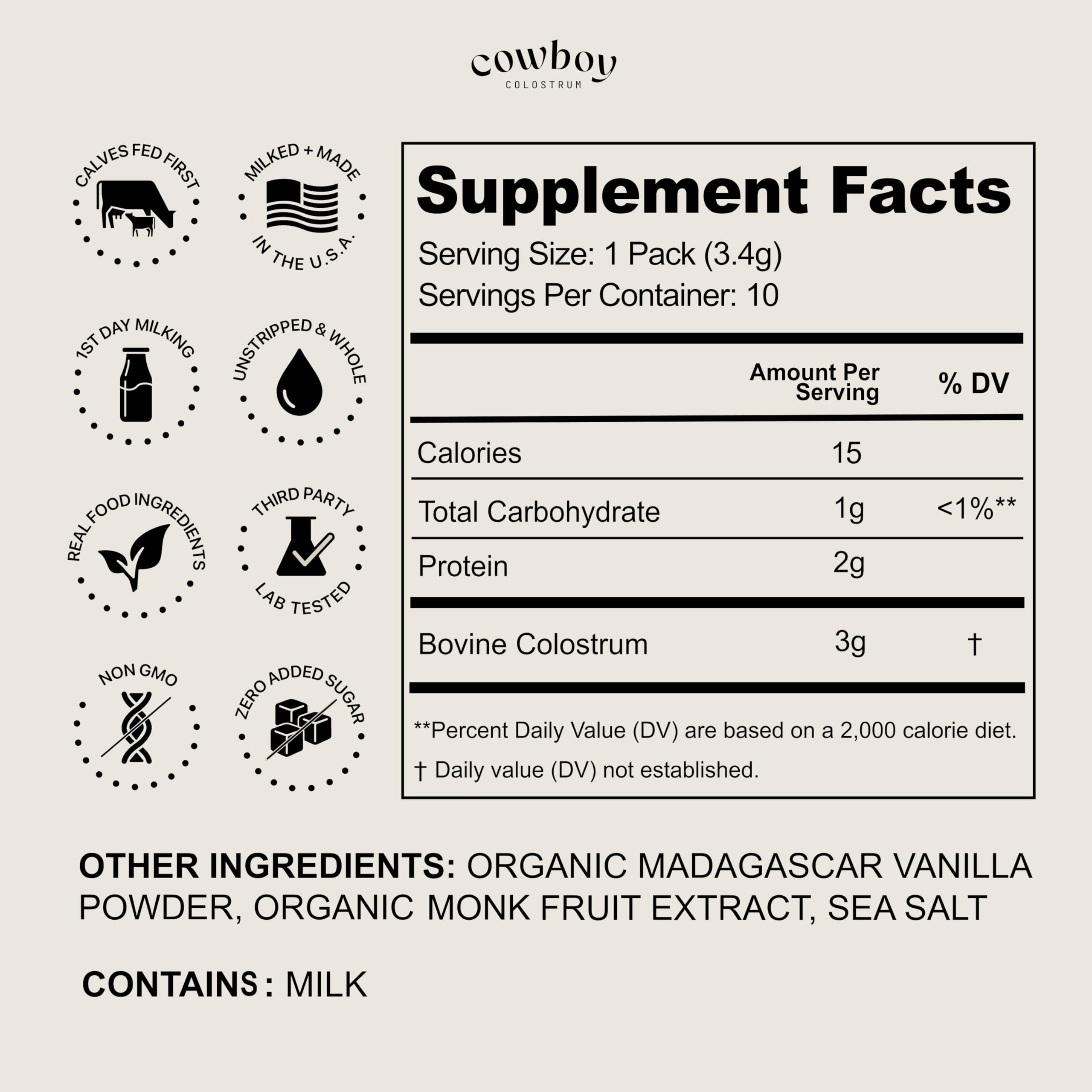 Cowboy Colostrum vanilla travel pack beside a smoothie for daily immune balance