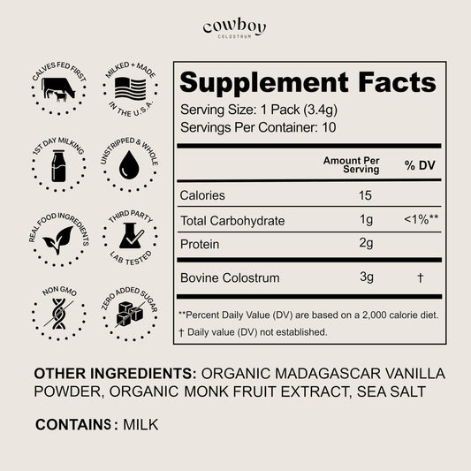Cowboy Colostrum vanilla travel pack beside a smoothie for daily immune balance