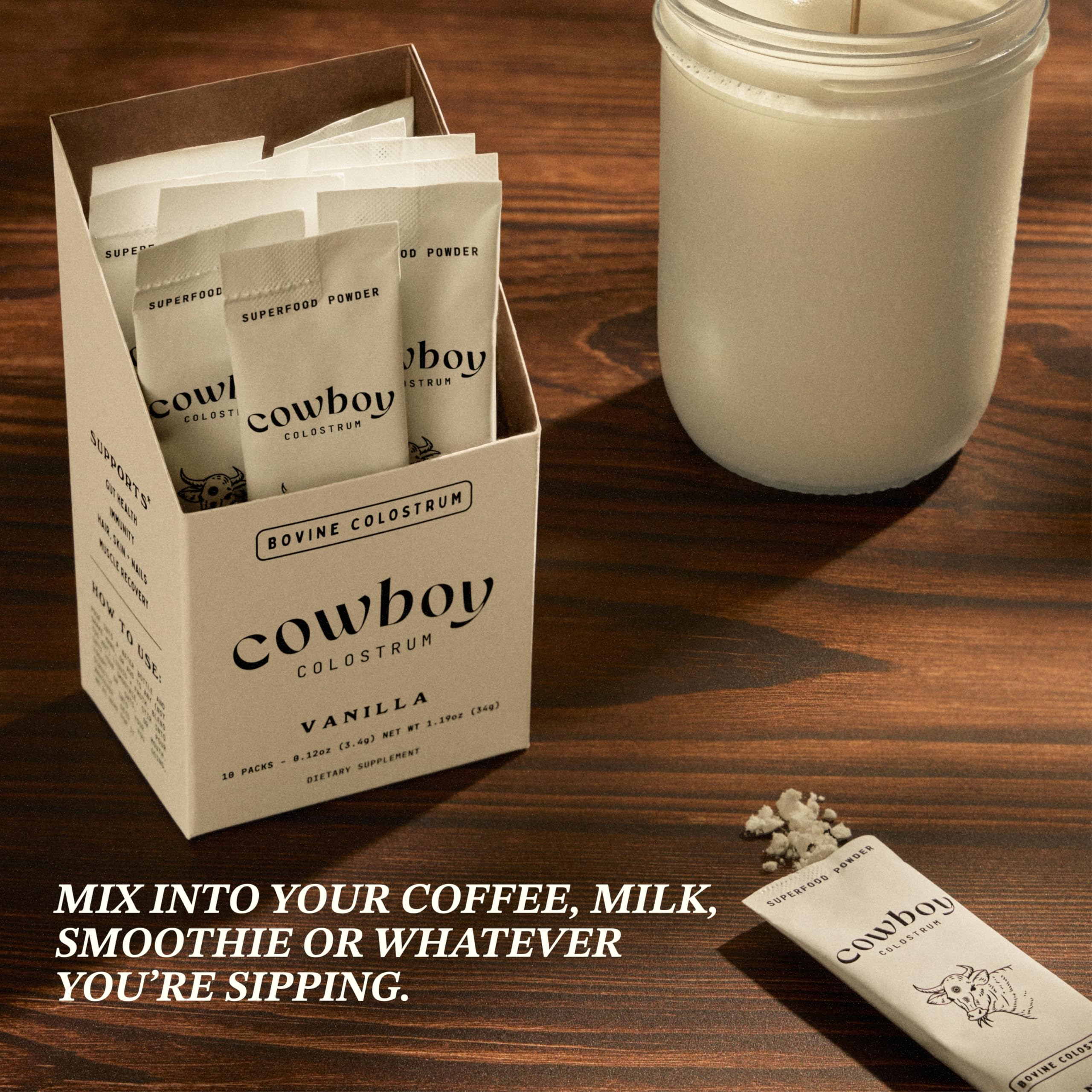 Cowboy Colostrum vanilla travel pack in a shaker bottle, no clumps