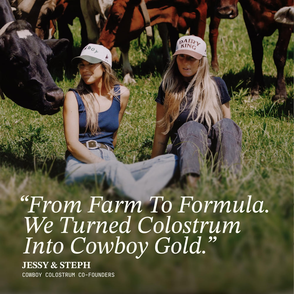 Cowboy Colostrum vanilla travel pack with ethical sourcing on a kitchen counter