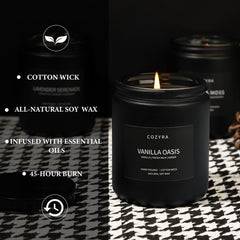 COZYRA long-lasting-burn candle offers steady fragrance through the evening