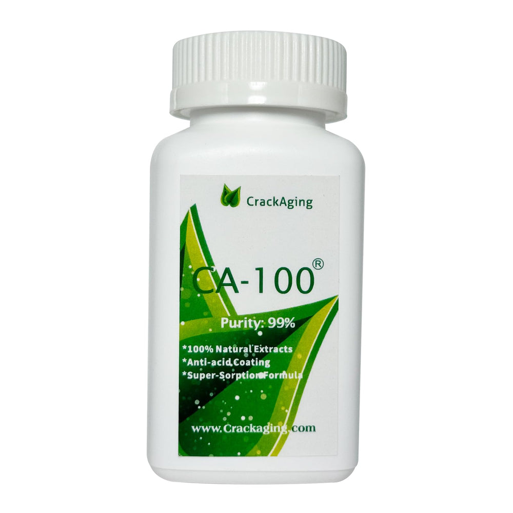 CrackAging CA-100 bottle close-up showing pure Cycloastragenol capsules for daily wellness.