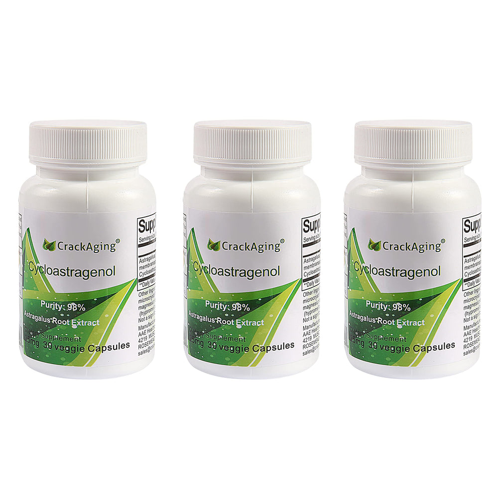Crackaging Cycloastragenol bottle front highlights premium 98% purity for immune support.