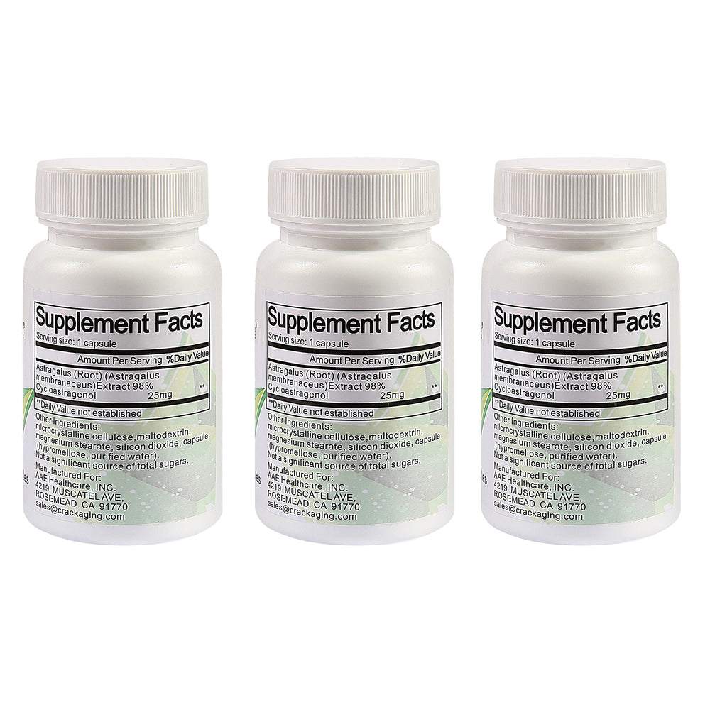 Crackaging Cycloastragenol capsules on a tray demonstrate easy daily use.