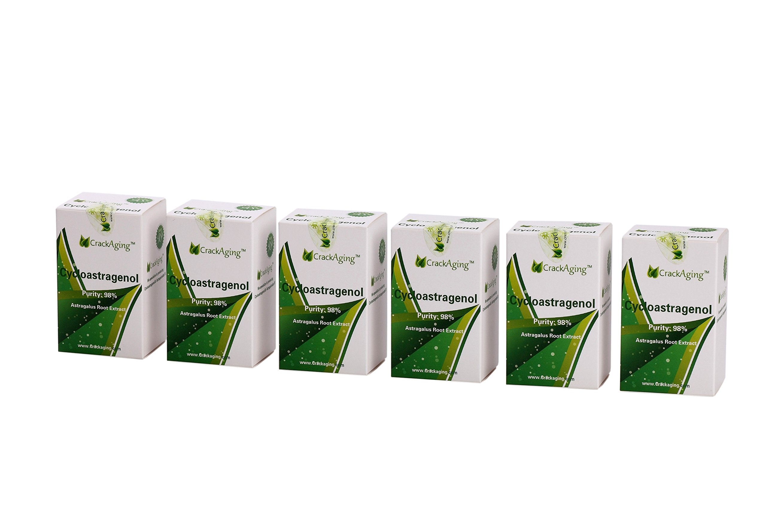 Crackaging Cycloastragenol bottle front shows 98% purity for reliable quality.