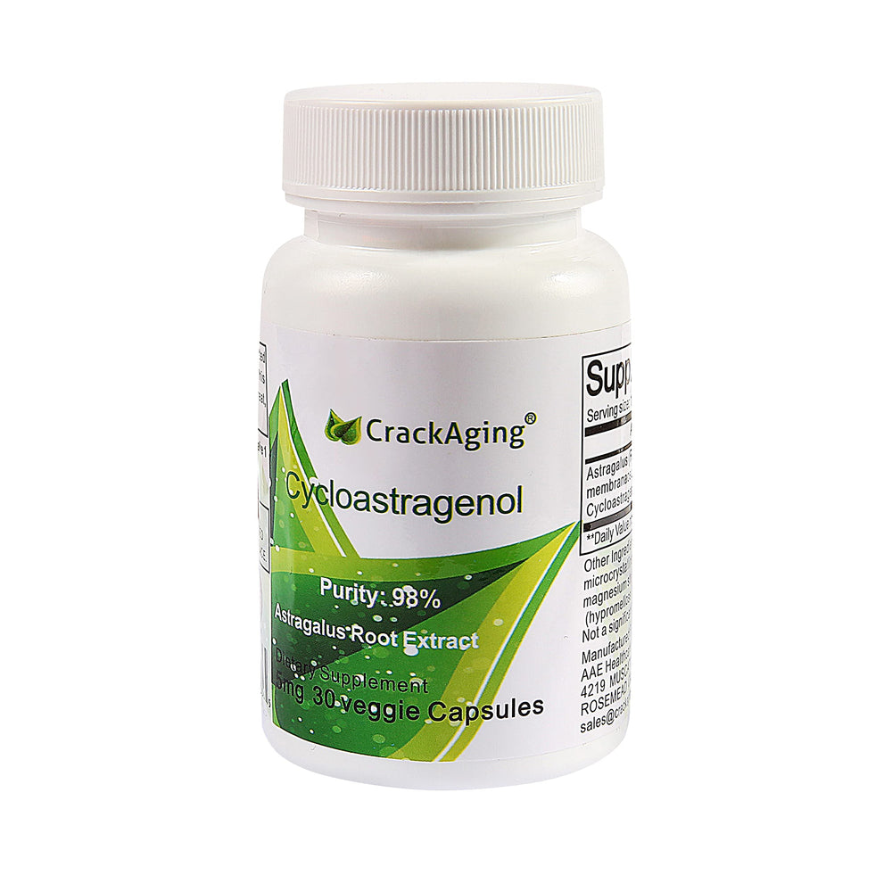 Crackaging Cycloastragenol bottle-front view with emphasis on premium purity for immune support.