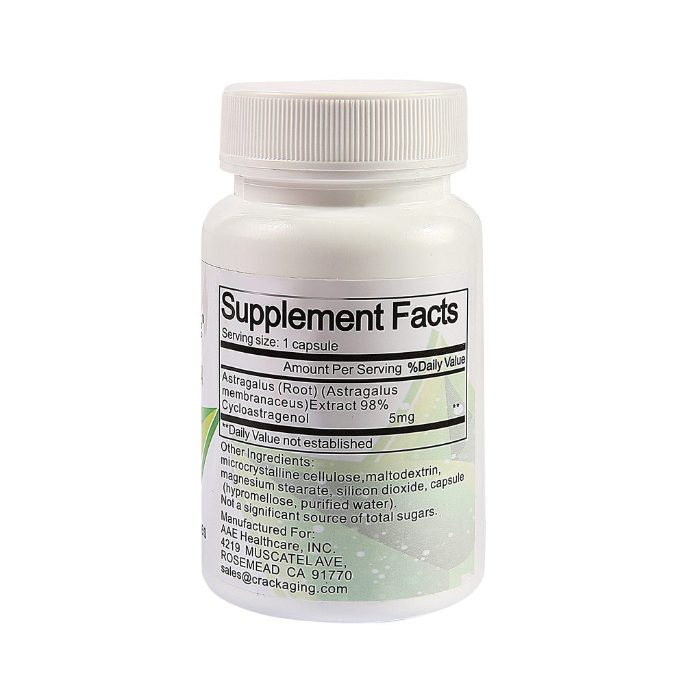 Crackaging Cycloastragenol capsules close-up highlighting 98% purity for daily use.