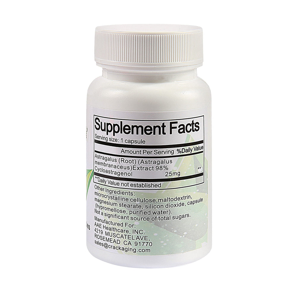 Crackaging Cycloastragenol capsules close-up indicating enhanced absorption potential.