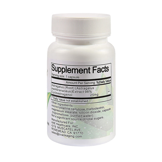 Crackaging Cycloastragenol capsules close-up indicating enhanced absorption potential.