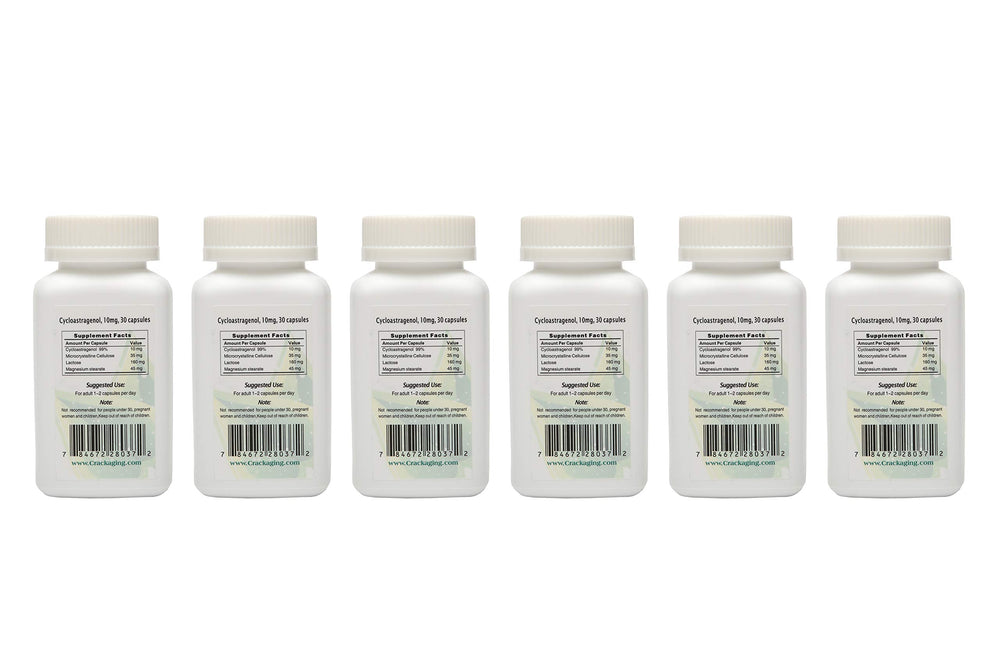 Crackaging veggie capsules with Cycloastragenol highlight natural ingredient profile.