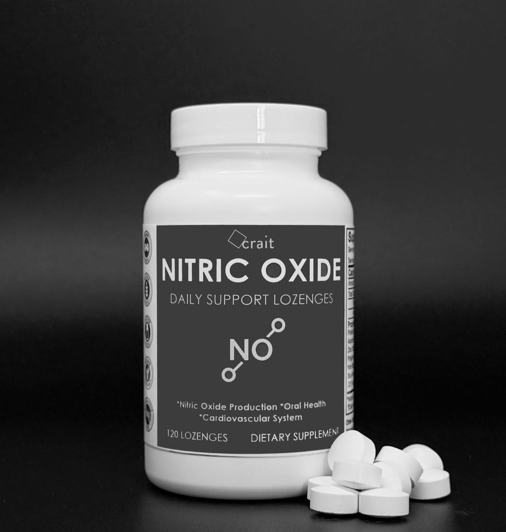 Crait Nitric Oxide Lozenges in hand shows a portable option for NO support.