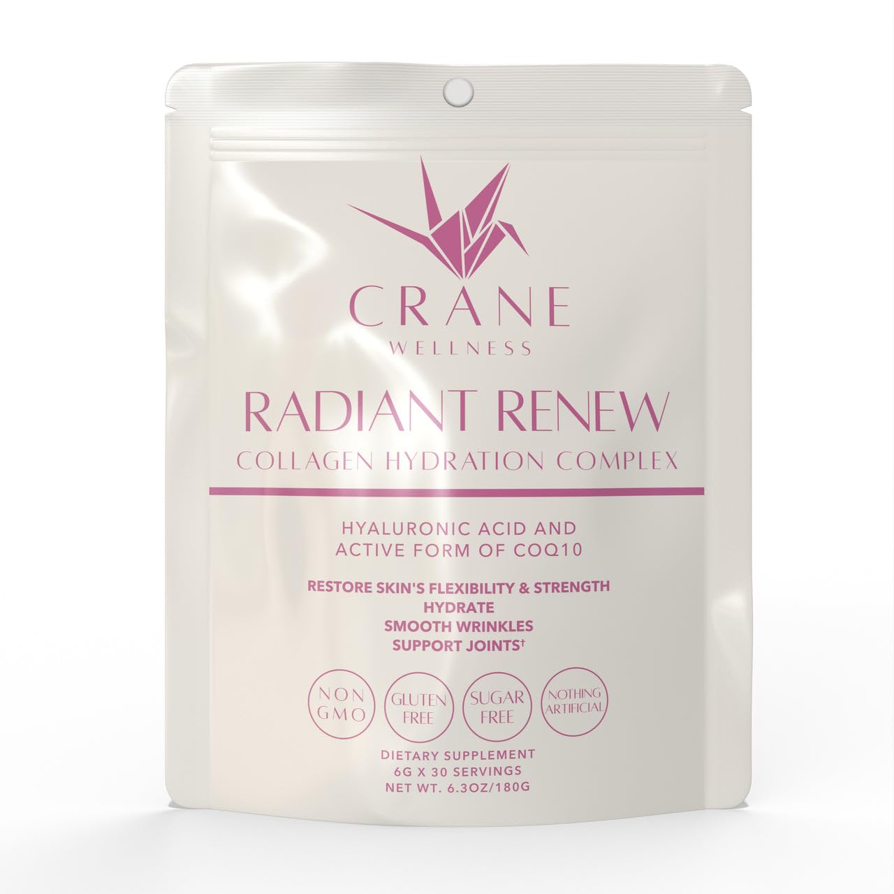 CRANE WELLNESS Radiant Renew bottle and scoop for convenient daily collagen support.