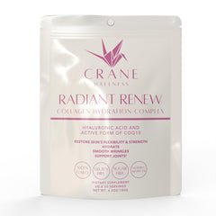 CRANE WELLNESS Radiant Renew bottle and scoop for convenient daily collagen support.