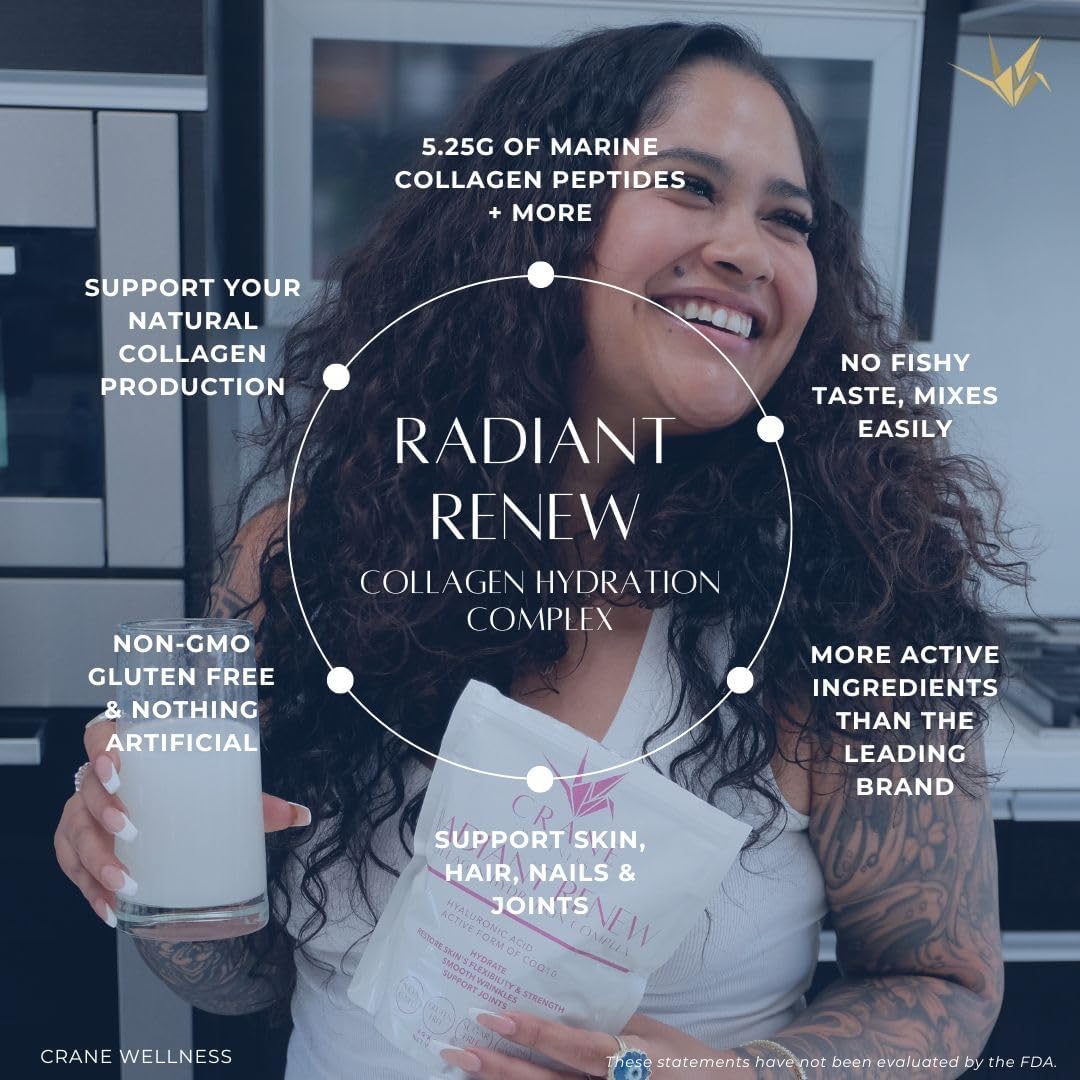 CRANE WELLNESS Radiant Renew jar highlights non-GMO and gluten-free ingredients.