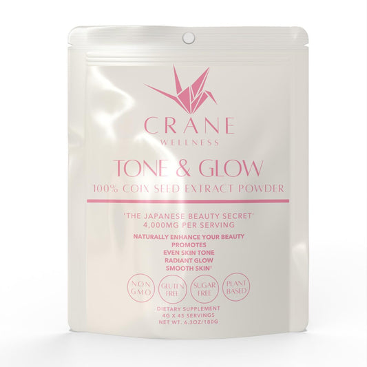 CRANE WELLNESS Tone & Glow bottle front shows premium coix seed extract for skincare