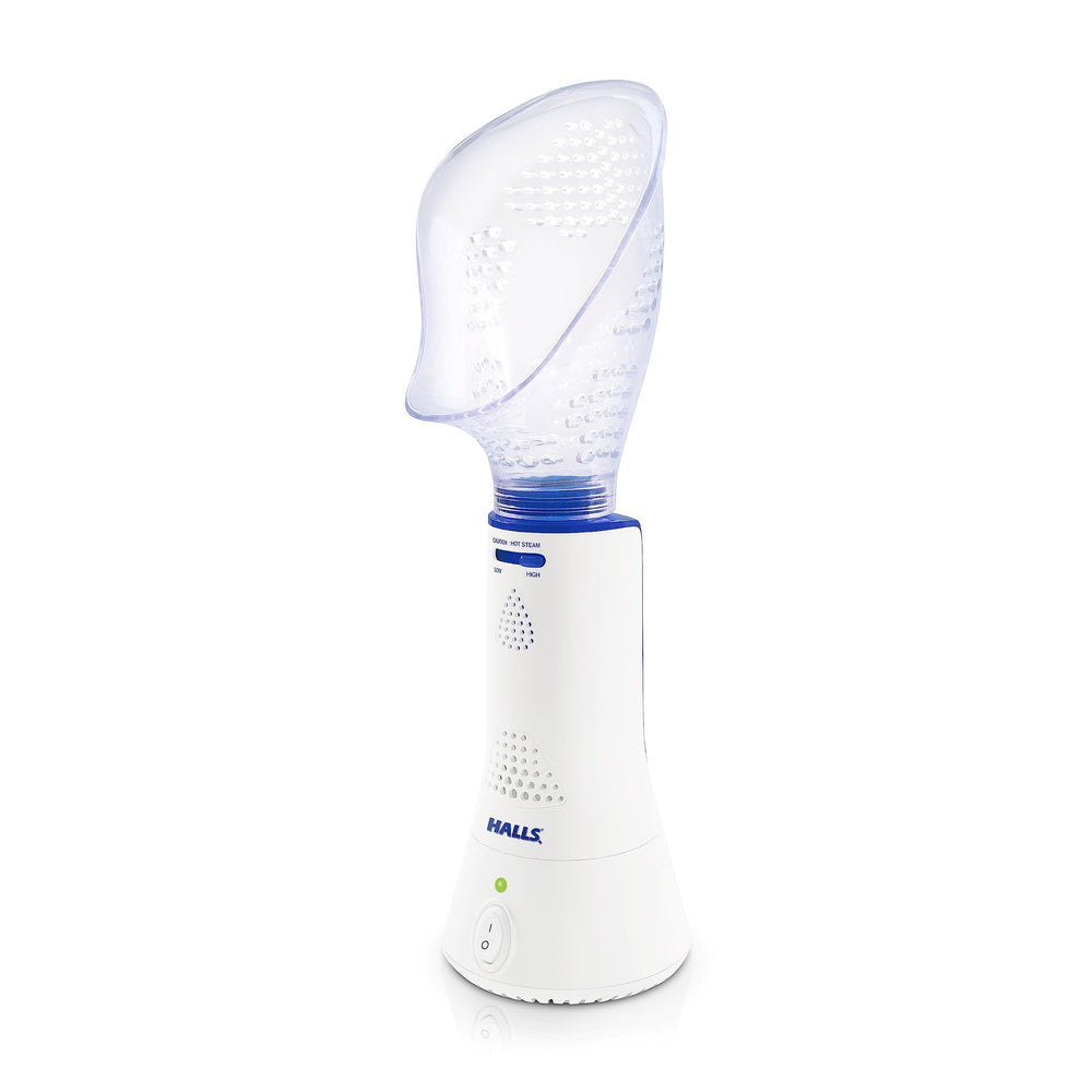 Crane x Halls personal steam inhaler shown for easy congestion relief with compact design.