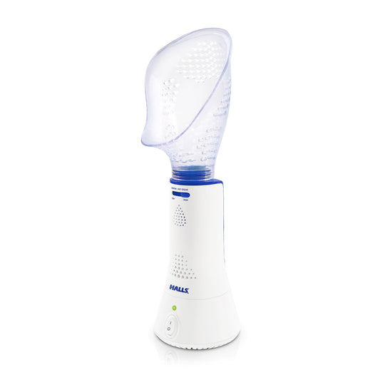 Crane x Halls personal steam inhaler shown for easy congestion relief with compact design.