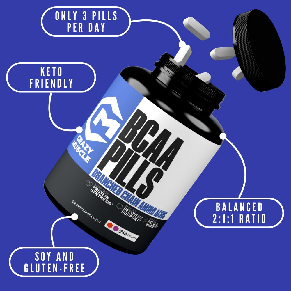 Crazy Muscle BCAA tablets close-up showing tablet texture.