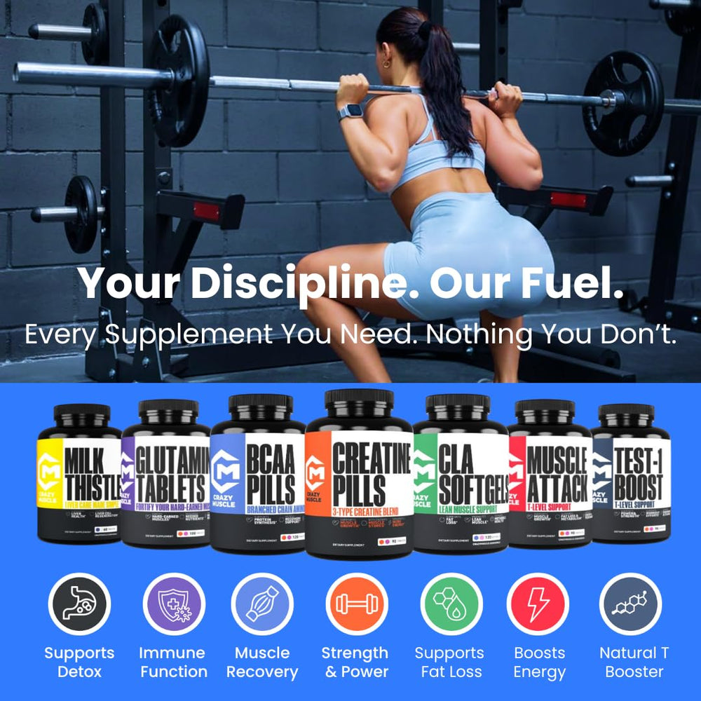 Gym scene with weights and Crazy Muscle Booster bottle for training days.