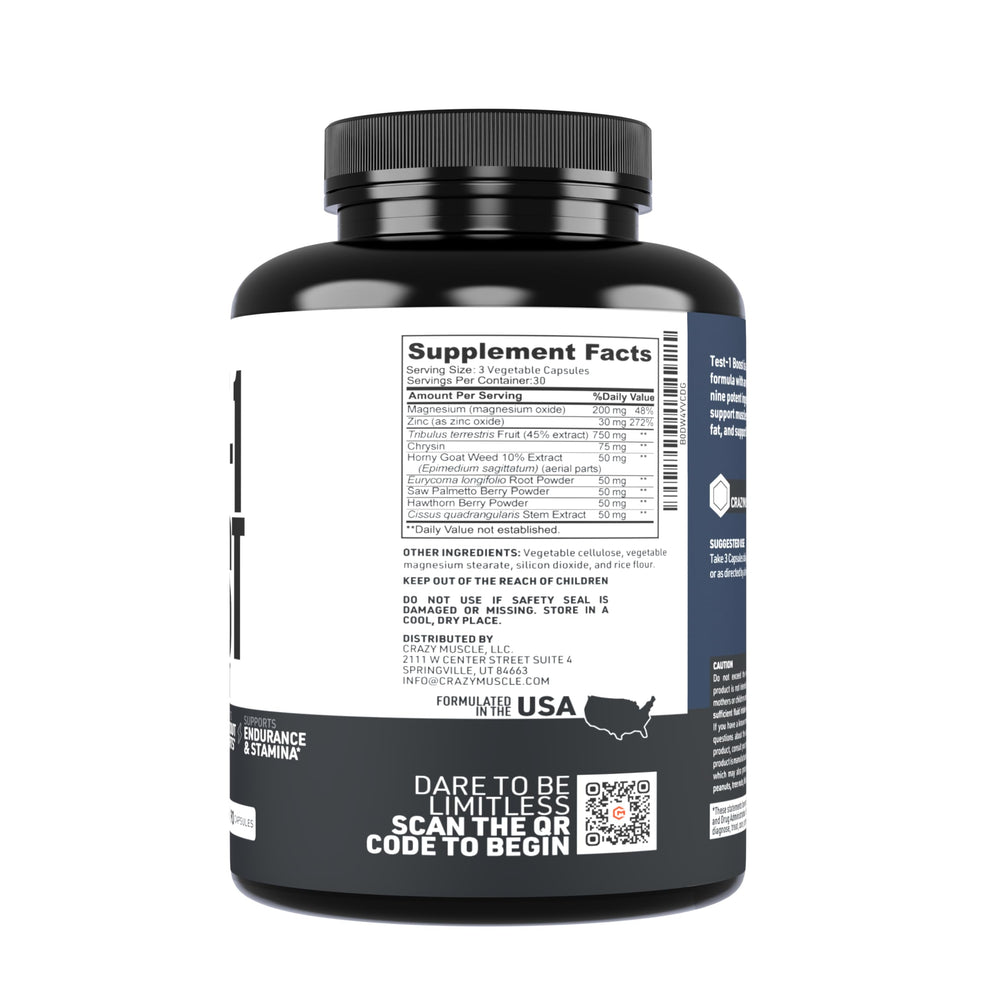 Close-up of Crazy Muscle Booster label detailing ingredients and potency.
