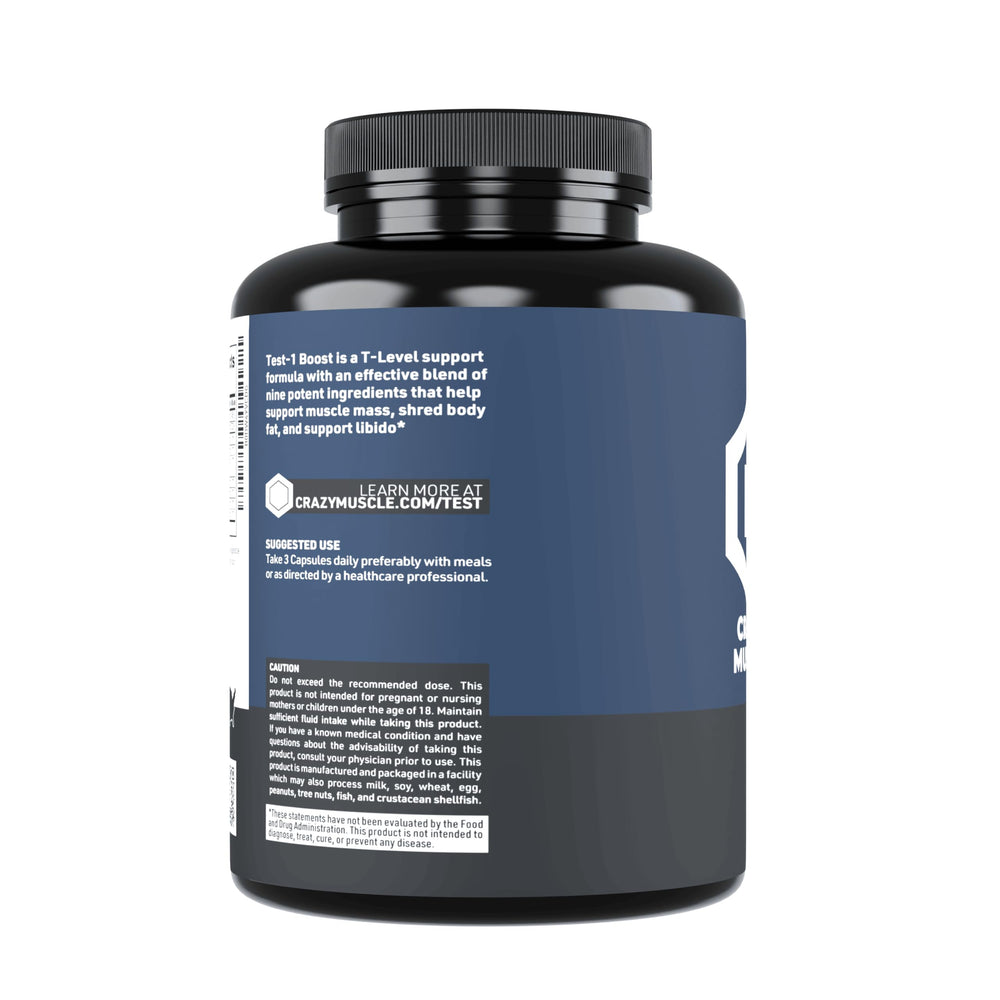 Packaging and shelf display of Crazy Muscle Booster on store shelf.