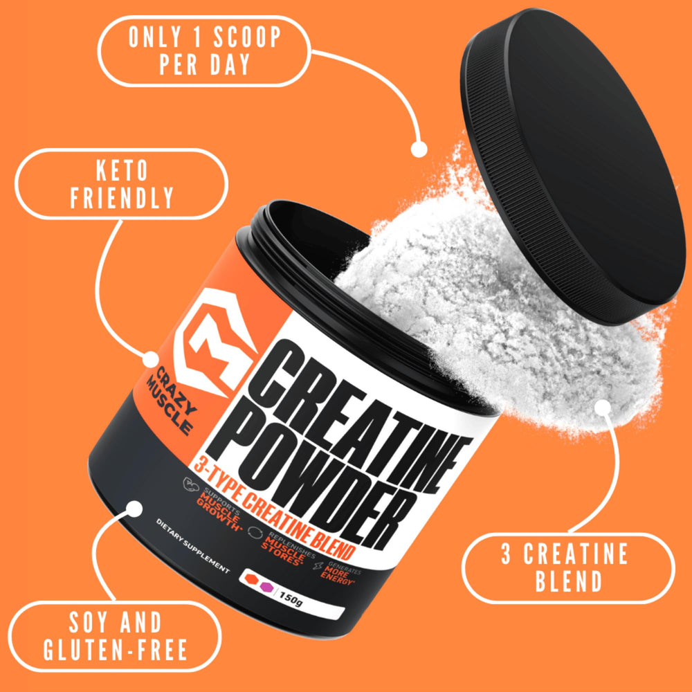 Crazy Muscle creatine monohydrate powder scoop showing easy mixing