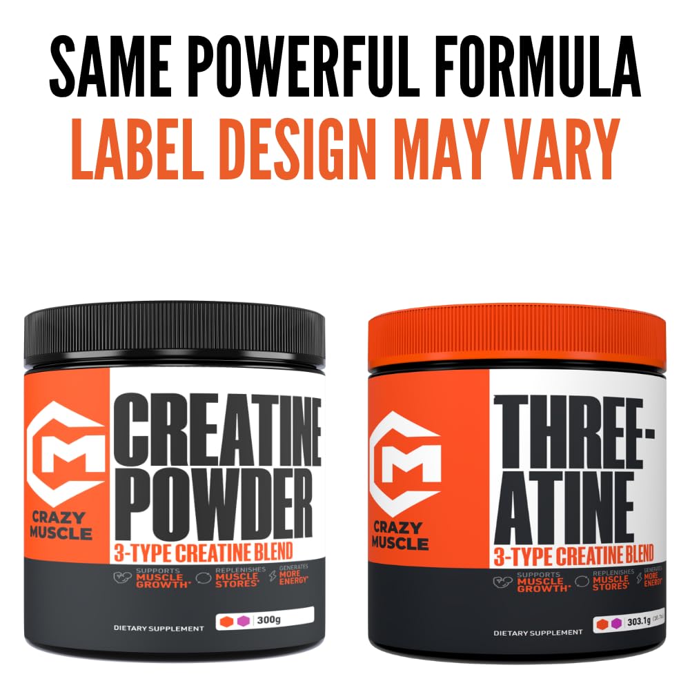Crazy Muscle creatine powder bottle front highlighting 60 servings.