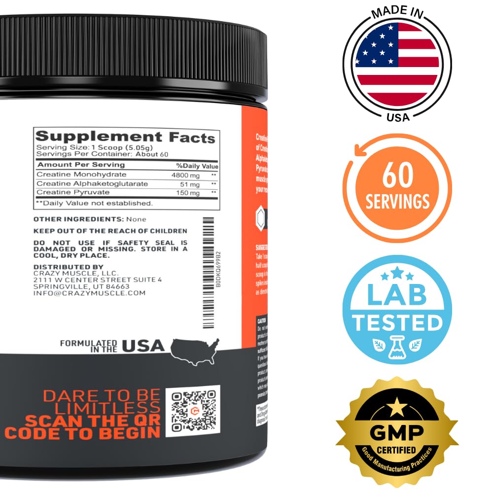 Crazy Muscle creatine powder with vegetarian and keto friendly cues.