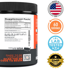 Crazy Muscle creatine powder with vegetarian and keto friendly cues.
