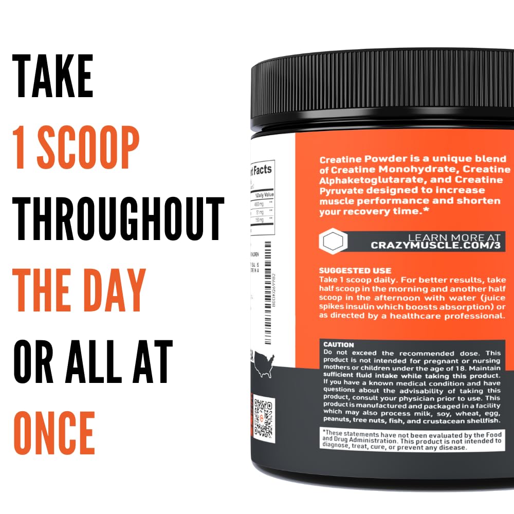 Crazy Muscle creatine powder label closeup emphasizing quality.
