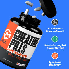 Crazy Muscle Three-atine pills label detail highlighting high dosing and vegan-friendly formula