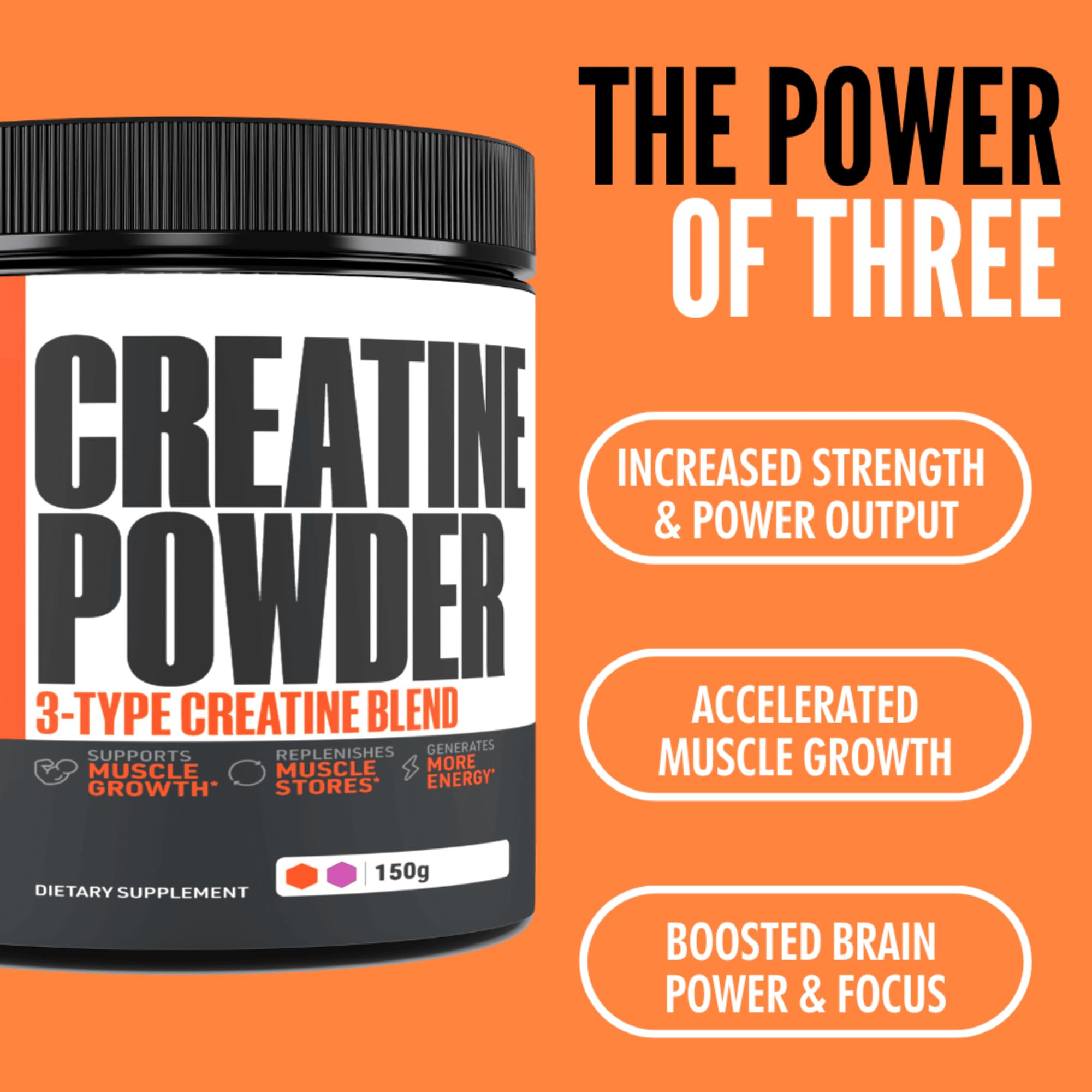 Crazy Muscle Three-atine powder jar label highlights premium quality