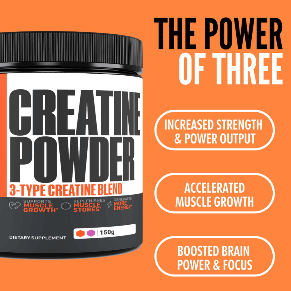 Crazy Muscle Three-atine powder jar label highlights premium quality