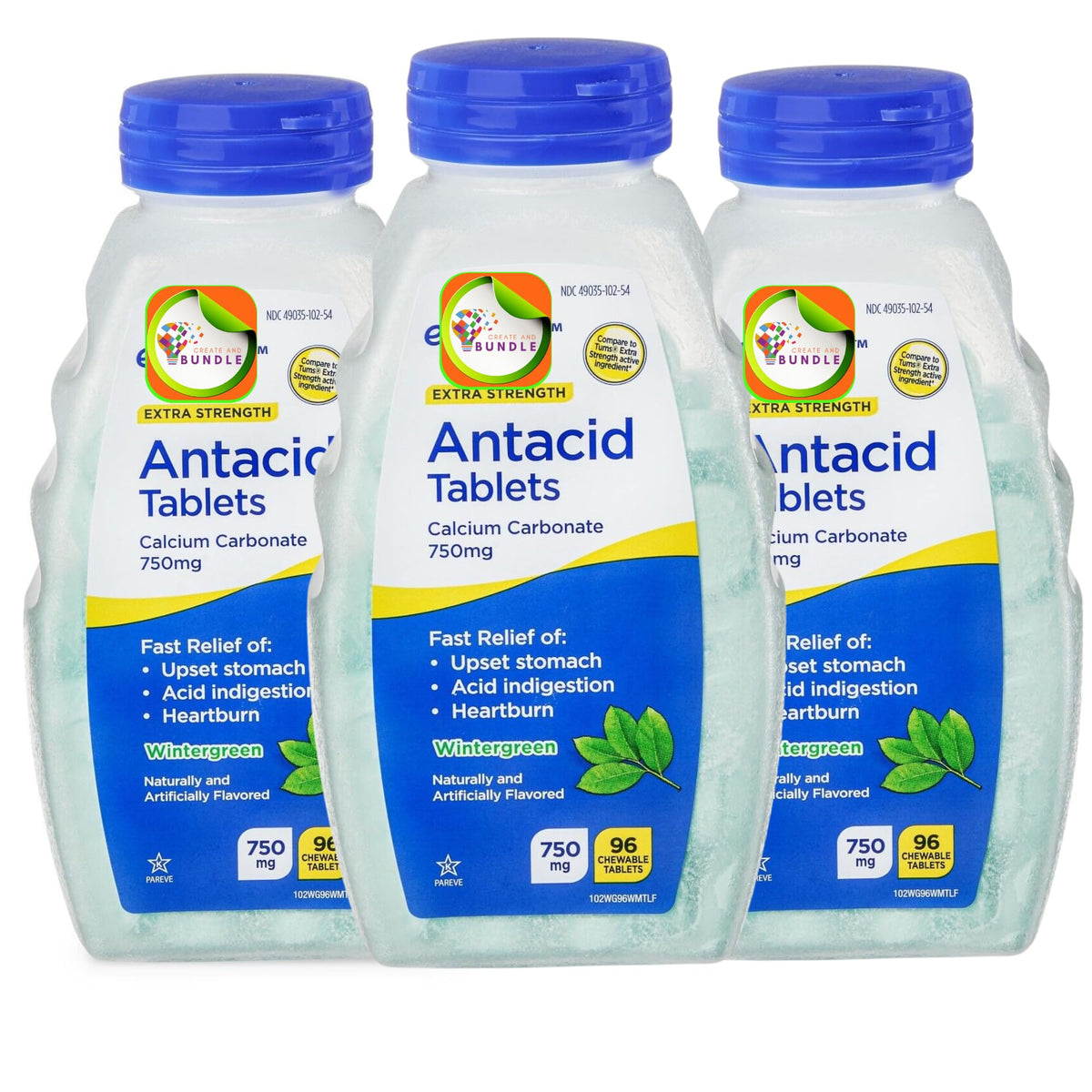 Create and Bundle antacid chewable bottle in wintergreen flavor for quick relief