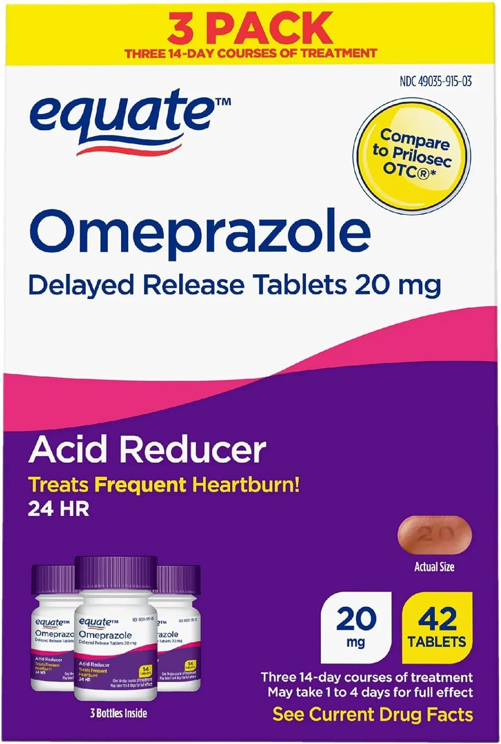 Equate Omeprazole front packaging closeup emphasizes daily use and lasting comfort.