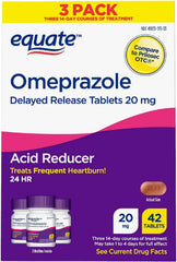 Equate Omeprazole front packaging closeup emphasizes daily use and lasting comfort.