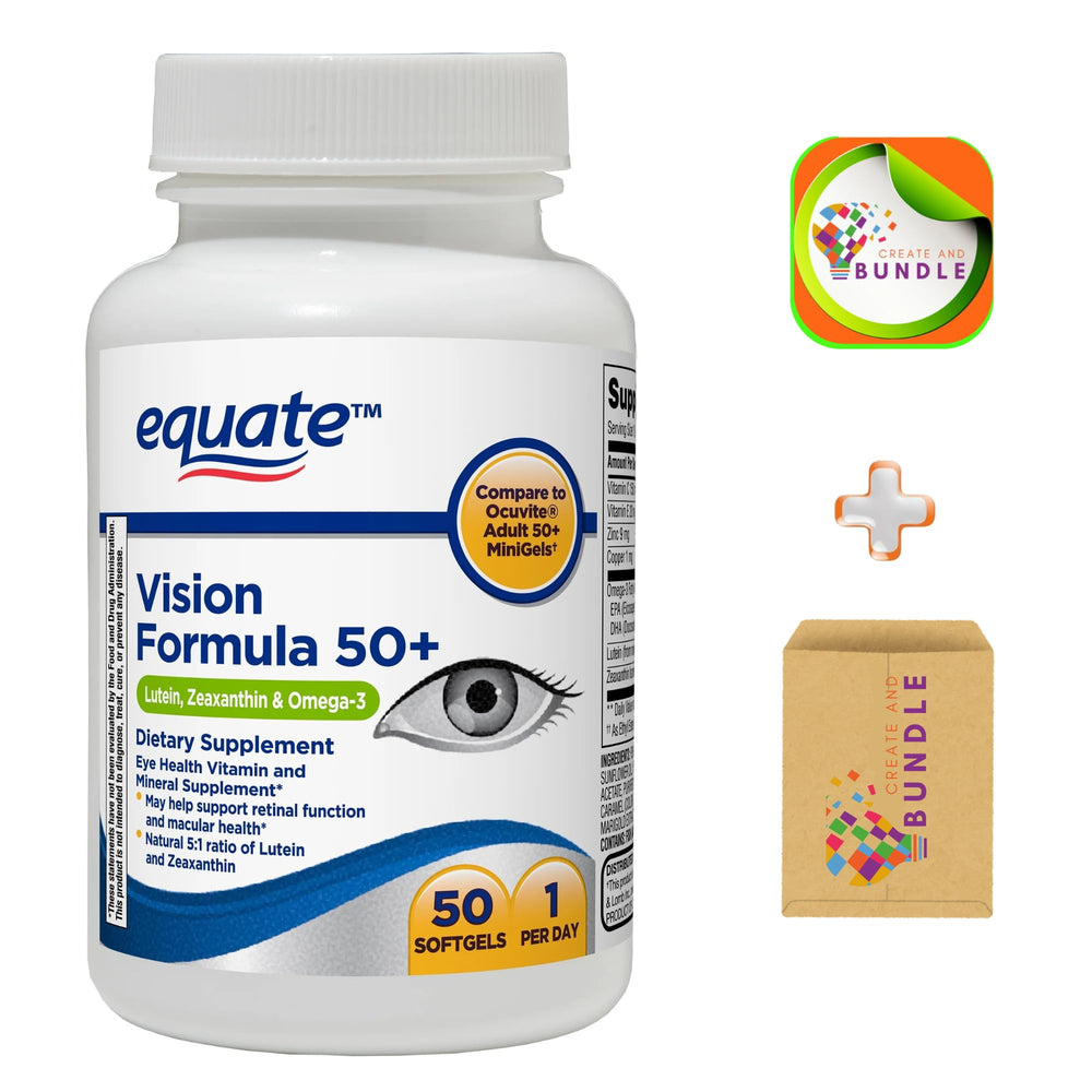 Create and Bundle Equate Vision 50+ softgels front view for daily eye support