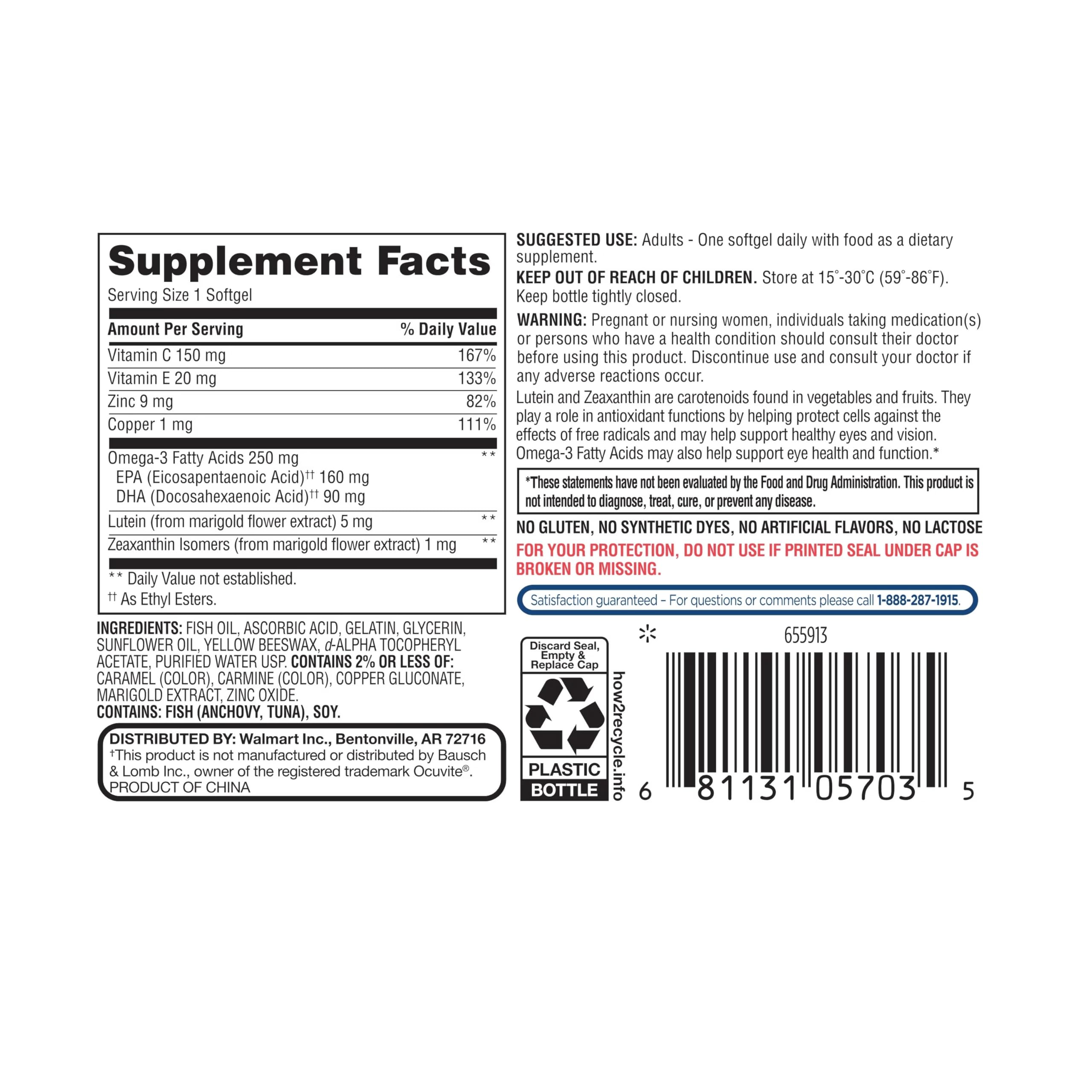 Softgels poured from Equate Vision 50+ bottle for daily use