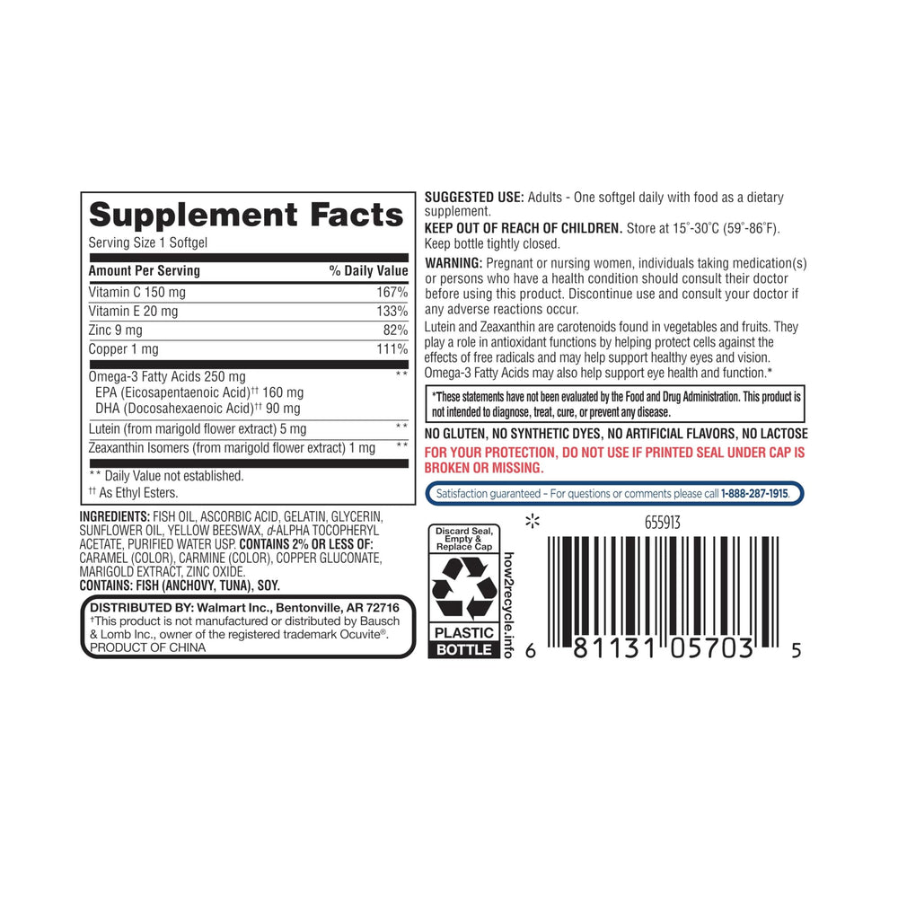 Softgels poured from Equate Vision 50+ bottle for daily use