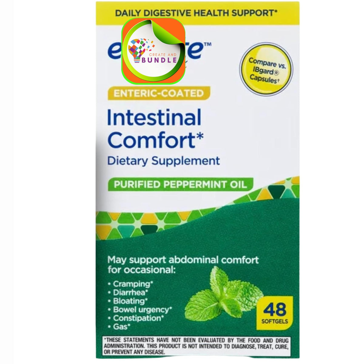 Create and Bundle peppermint oil softgels bottle close-up, daily digestive support.