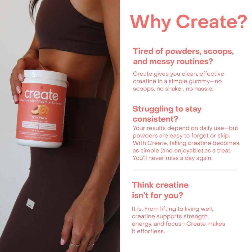 Create Creatine Monohydrate Gummies gluten free and non GMO badge signals dietary compatibility