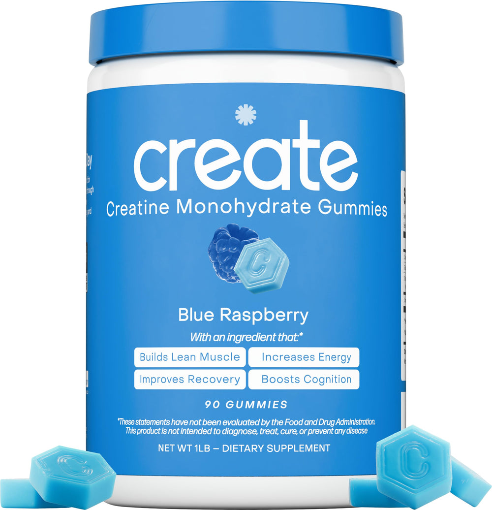 Create Creatine Monohydrate Gummies orange bottle for on-the-go focus and endurance.