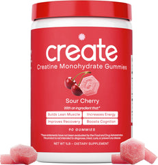Create Creatine Monohydrate Gummies orange bottle on desk supports on the go workouts